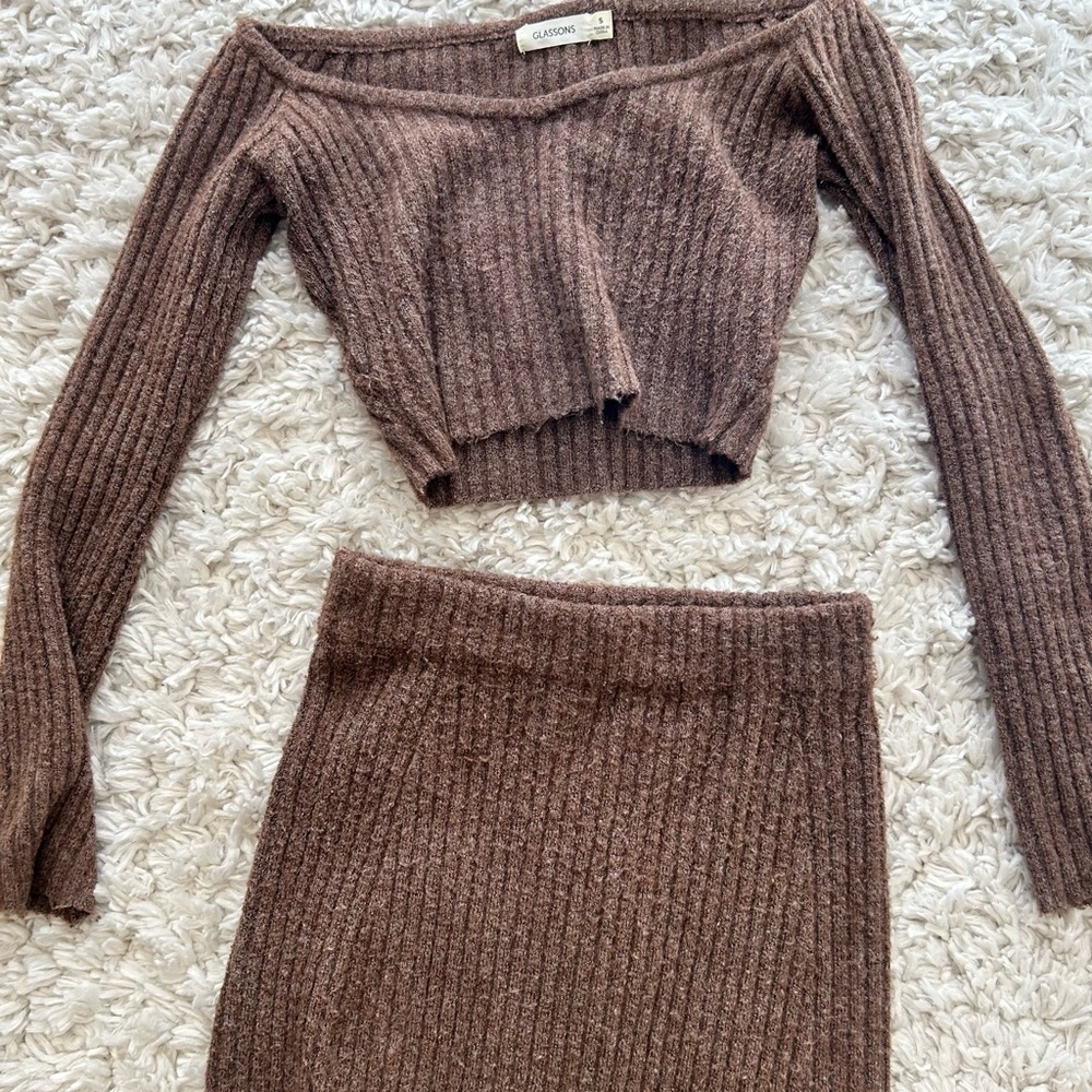 Glassons Chocolate Ribbed Knit Skirt Set - Picture 2 of 7
